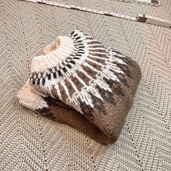 Vintage Chunky Wool Fair Isle Sweater Brown / Cream - Size Small Men’s - Picture 7 of 8